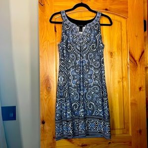 White House Black Market Blue Black Print Sleeveless Dress Size Small
